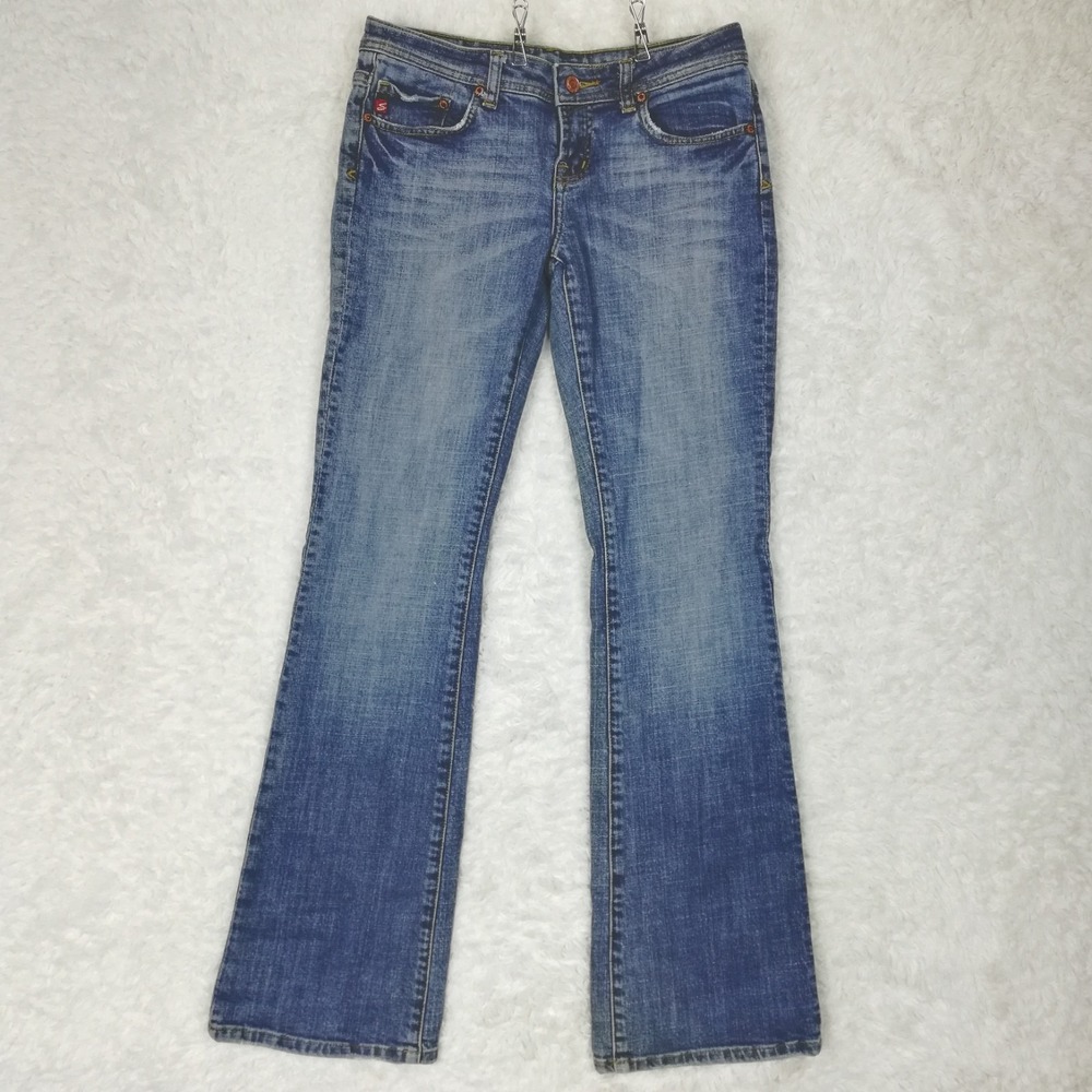 Vtg Seven7 Womens Jeans Flare Blue Denim Low Rise Medium Wash Jeweled 28